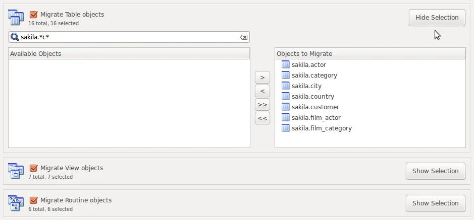 Legacy migration interface with available database objects and selected Sakila tables to migrate.